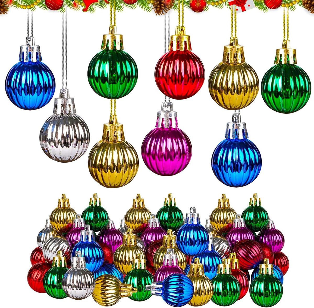 Kerstballen met koord, 3 cm plastic kleine kerstballen, kleurrijke kerstversiering, kunststof om op te hangen, voor binnen en buiten decoratie