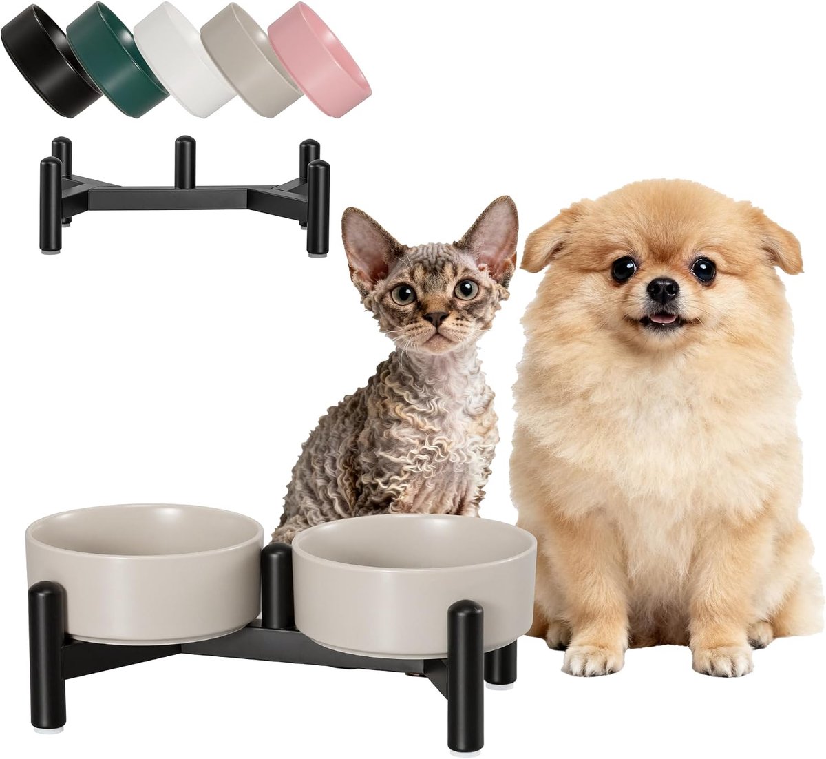 Voerbak voor honden, verhoogde hondenbak, ideaal voor kleine honden en katten, dubbele voerbak van keramiek met roestvrijstalen standaard voor voer en water, 160 g (320 ml) x 2, grijs