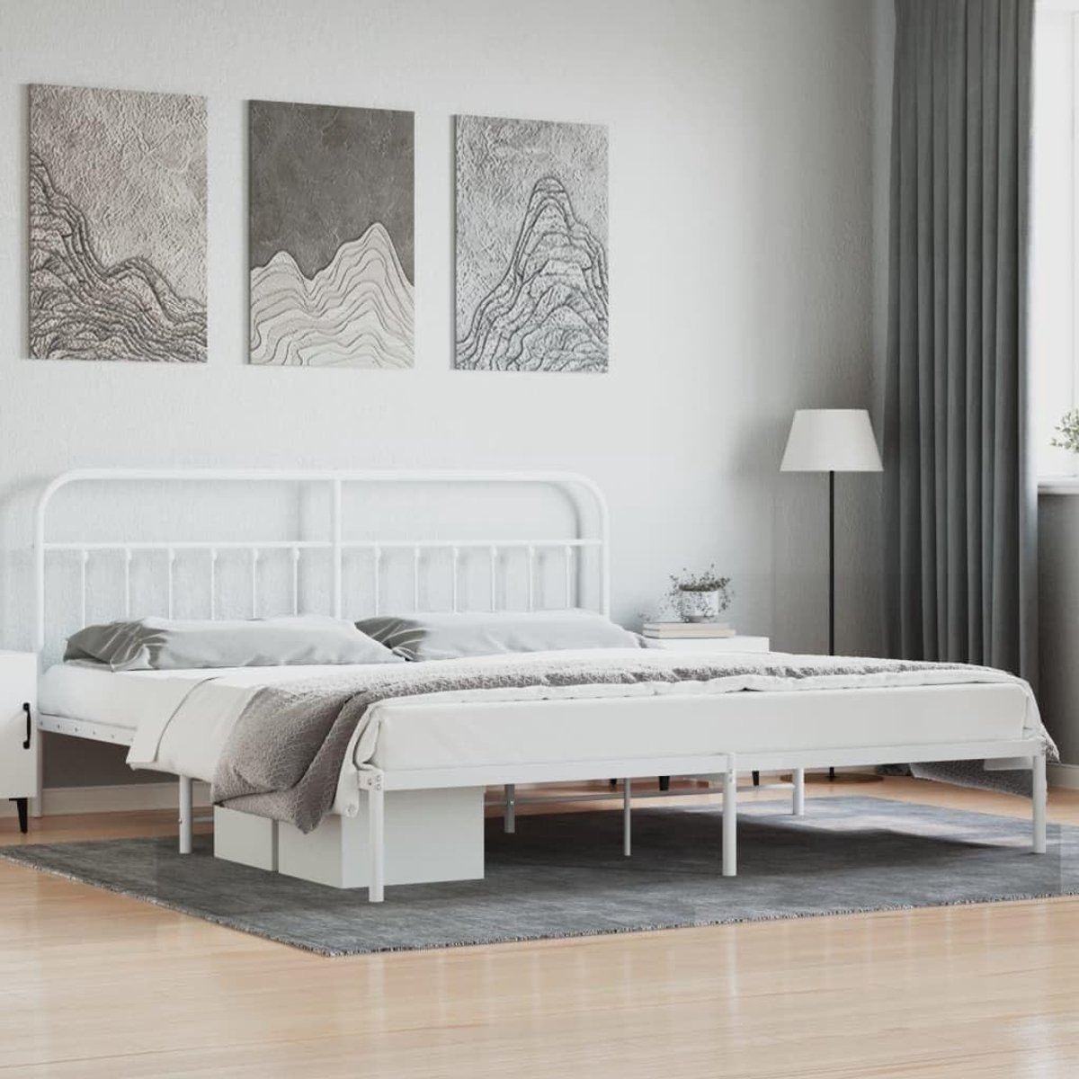 Bedframe met hoofdeinde, metaal, wit, 200 x 200 cm, bedframe voor woonkamer, slaapkamer, hotelbedframe, geschikt voor slaapkamer