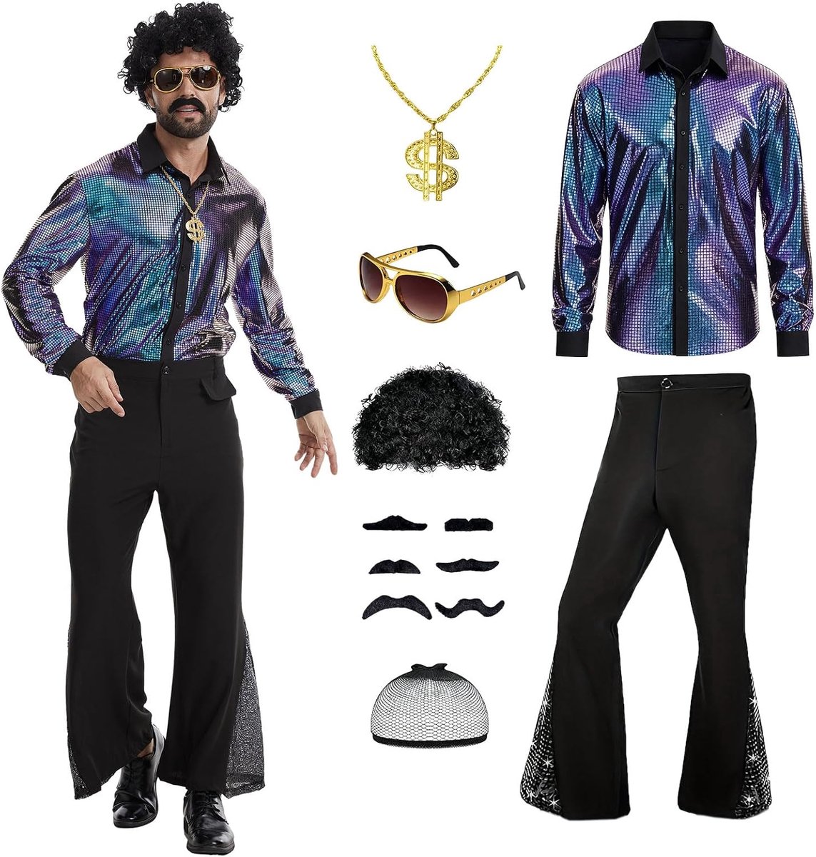 '70 discokostuum voor heren, jaren 80, hippiekostuum met paillettenhemd, slagbroek en discoaccessoires voor carnaval, Halloween
