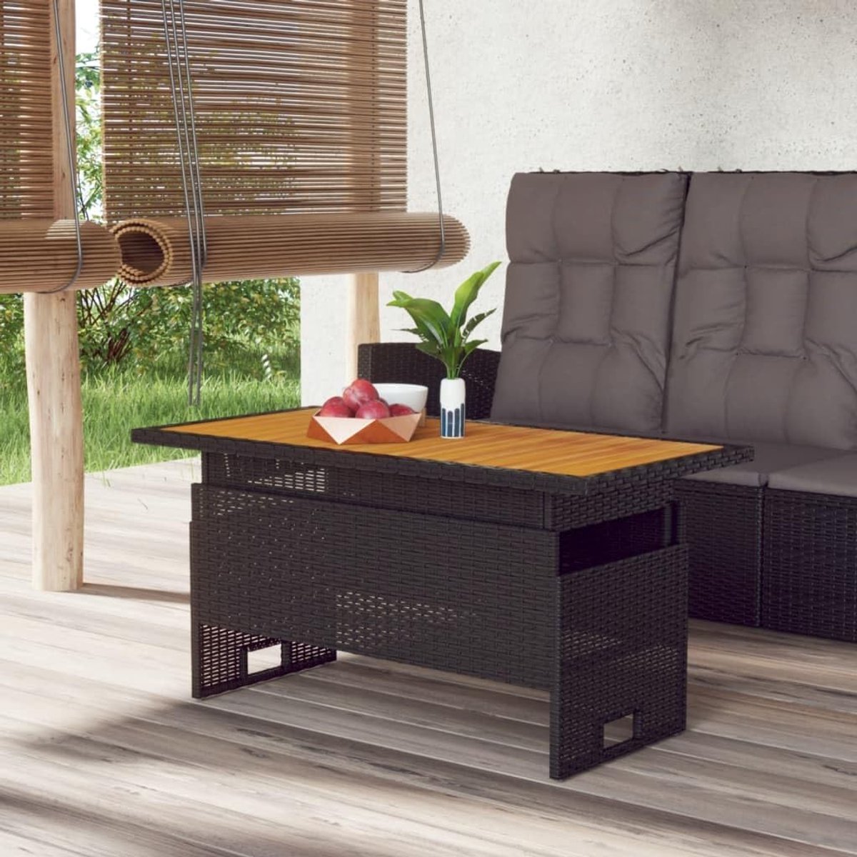 Zwart, 100 x 50 x 43/63 cm, acaciahout en poly rotan, balkon, eettafel, tuintafel, loungetafel, patiotafel voor tuinen, terrassen en balkons, zwart