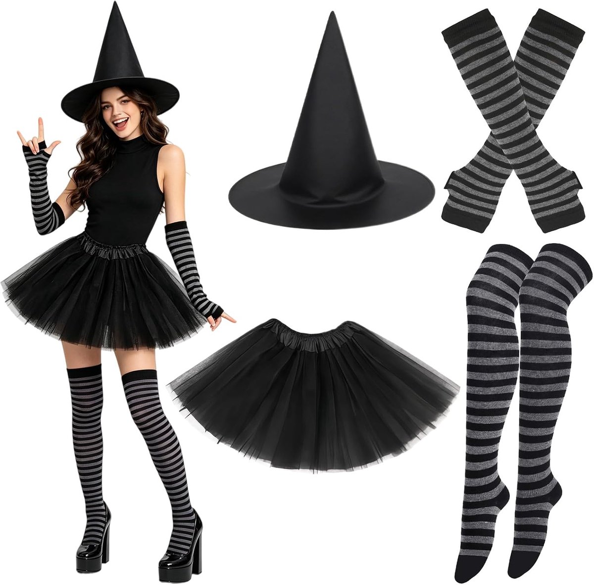5 stuks Halloween heksenkostuum, heksenhoed 3 lagen 40 cm tutu & gestreepte strakke sokken handschoenen gothic cosplay outfit set kerst Halloween carnaval voor volwassenen