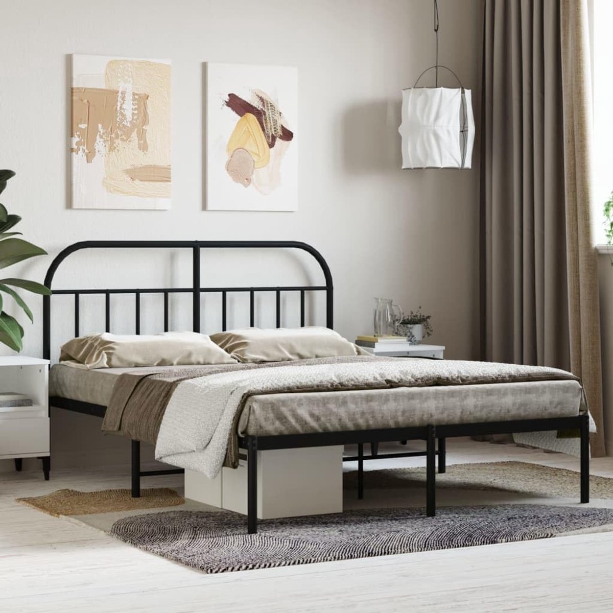 Bedframe met hoofdeinde, metaal, zwart, 135 x 190 cm, hotelbedframe, slaapkamer, bedframe voor woonkamer, slaapkamer