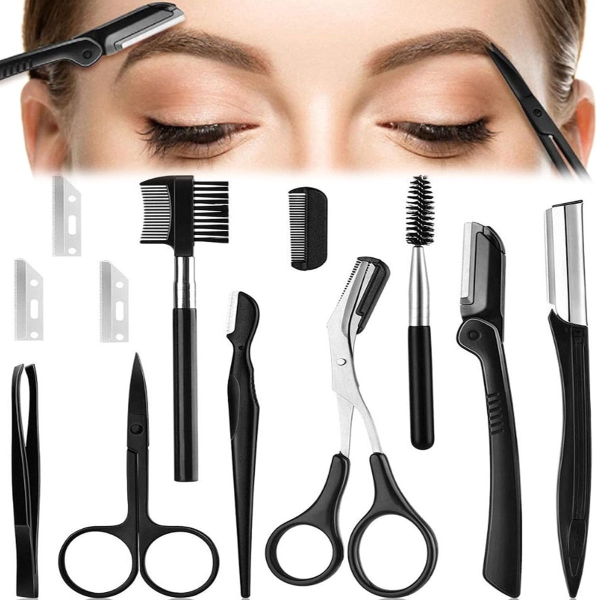 12 Stuks Wenkbrauw Trimmen Kit, Professionele Roestvrijstalen Wenkbrauwset, Multifunctionele Wenkbrauwtrimmer, Schoonheidsgereedschap Vrouwen Mannen (12zwart)