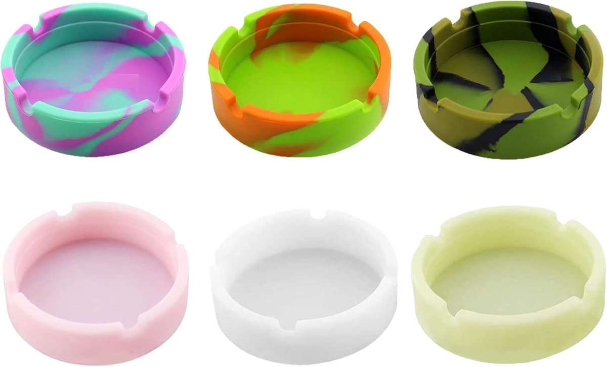 6 Pack Kleurrijke Siliconen Asbak Anti-aanbak Hittebestendig Zal Niet Breken Siliconen Ronde Rubber Lichtgevende Asbak Set voor Thuiskantoor, Restaurant of Outdoor