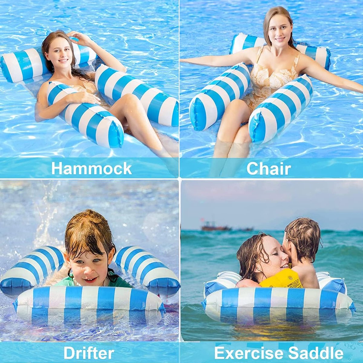2 Pack Opblaasbare Zwembad Floats Hangmat, Xndryan 4 in 1 Waterhangmat Opblaasbare Hangmat met een Handmatige Luchtpomp Ontspannende Zwembadligstoel Opblaasbare Hangmat voor Volwassenen