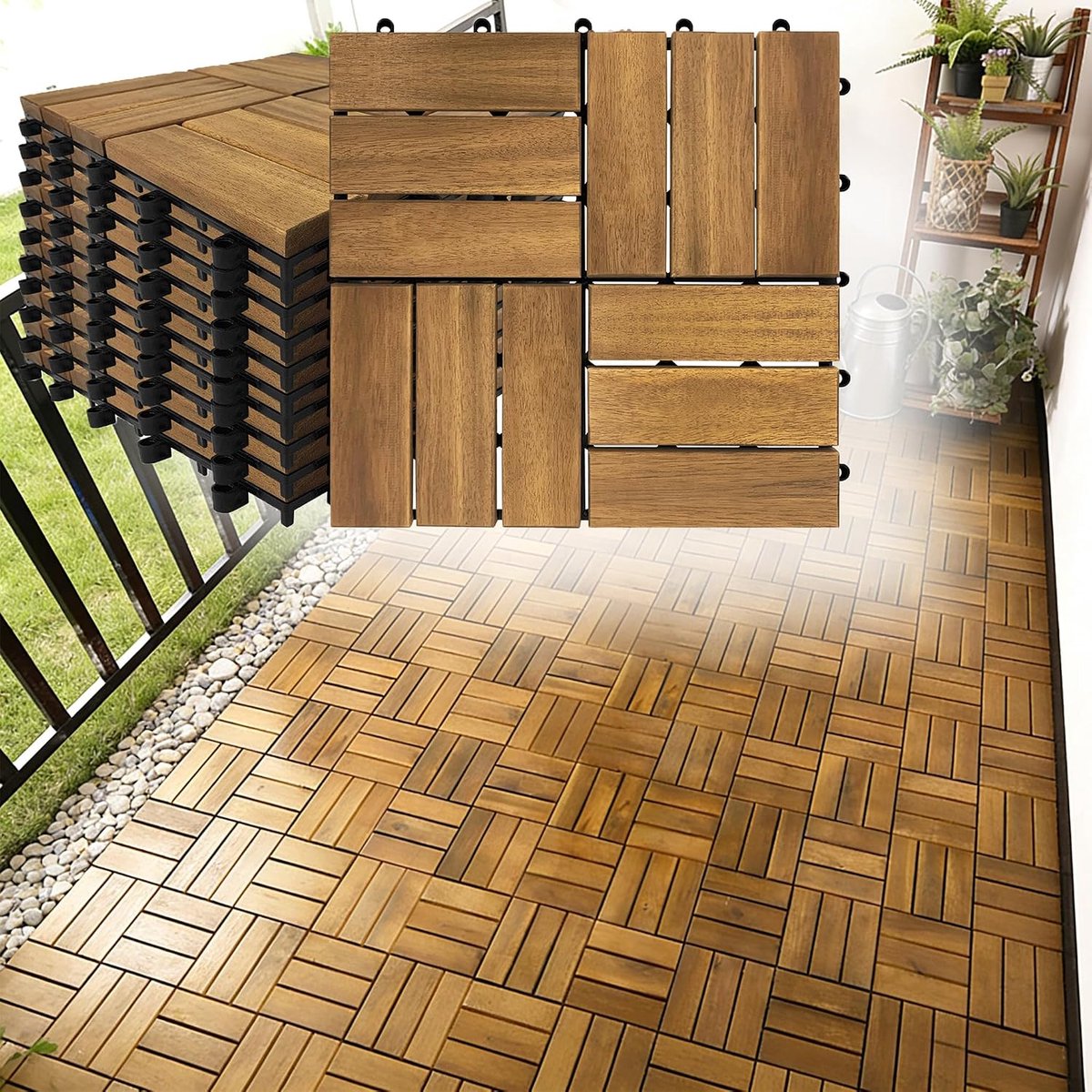 Houten tegels, balkontegels, balkonvloer, weerbestendig, 30 x 30 cm, van acaciahout, houten vloer, kliktegels, terrastegels met drainage, tuintegels op maat te snijden, model