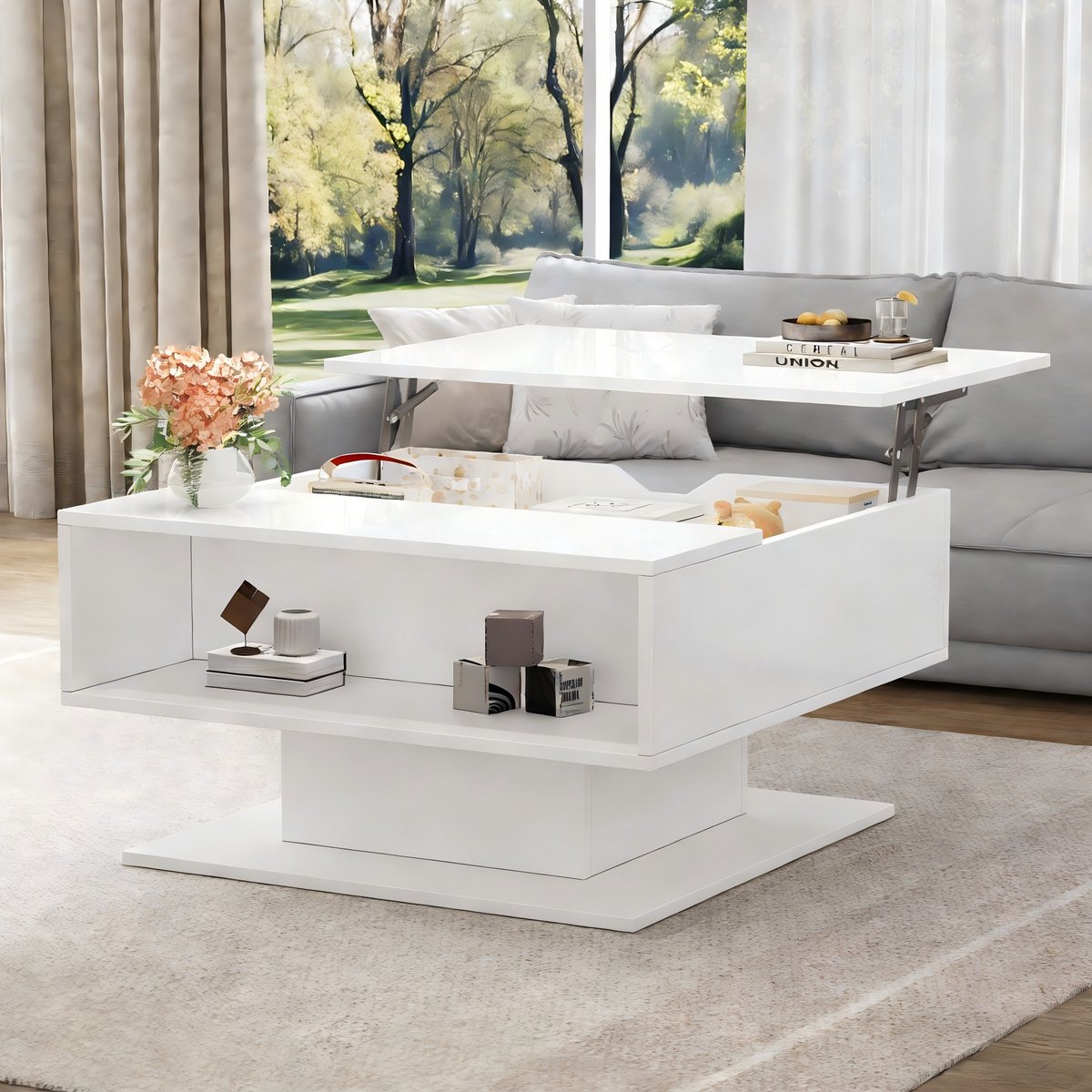 MUVANO Salontafel in hoogte verstelbaar - Hoogglans salontafel wit - Woonkamertafel - Salontafel met opbergruimte - 80x75x40 cm - LED verlichting - Woonkamer Wit