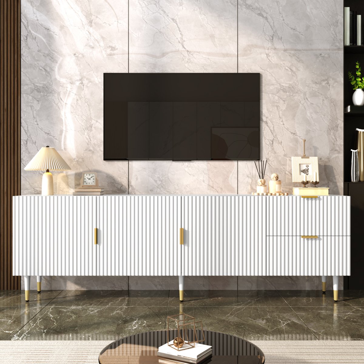 STILVORA Tv-Meubel - Drie Deuren En Lades Met Zachte Sluiting - Voor Woonkamer - MDF En Spaanplaat - 170x35,5x55 Cm - Wit