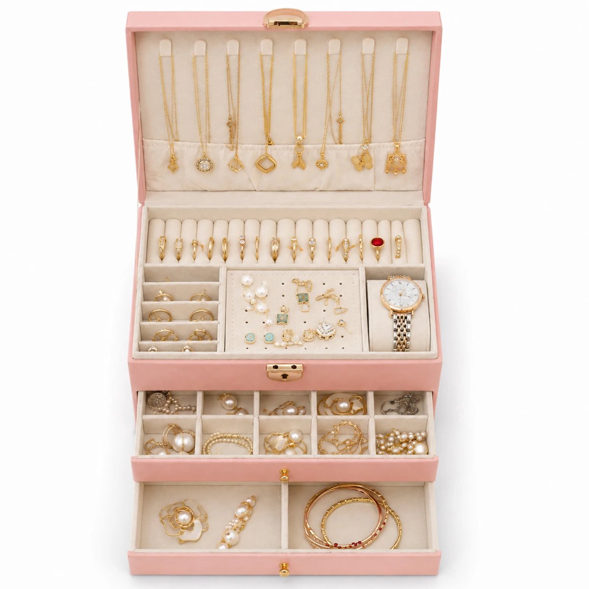 Heidat sieradendoos - Met Slot - Luxe Juwelendoos - Organizer - 3-laags - Roze - 23x17x13,5 cm