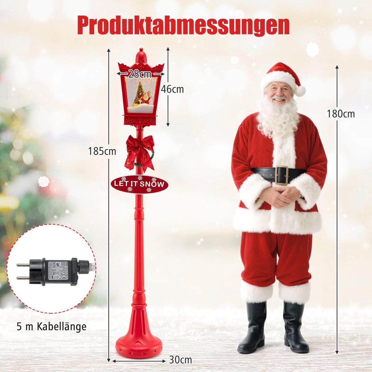 COSTWAY 185 cm kerstlantaarn, straatlantaarn met warmwitte ledverlichting, sneeuweffect, kerstman en muziek – kerstdecoratie voor huis, tuin en veranda – foto 5