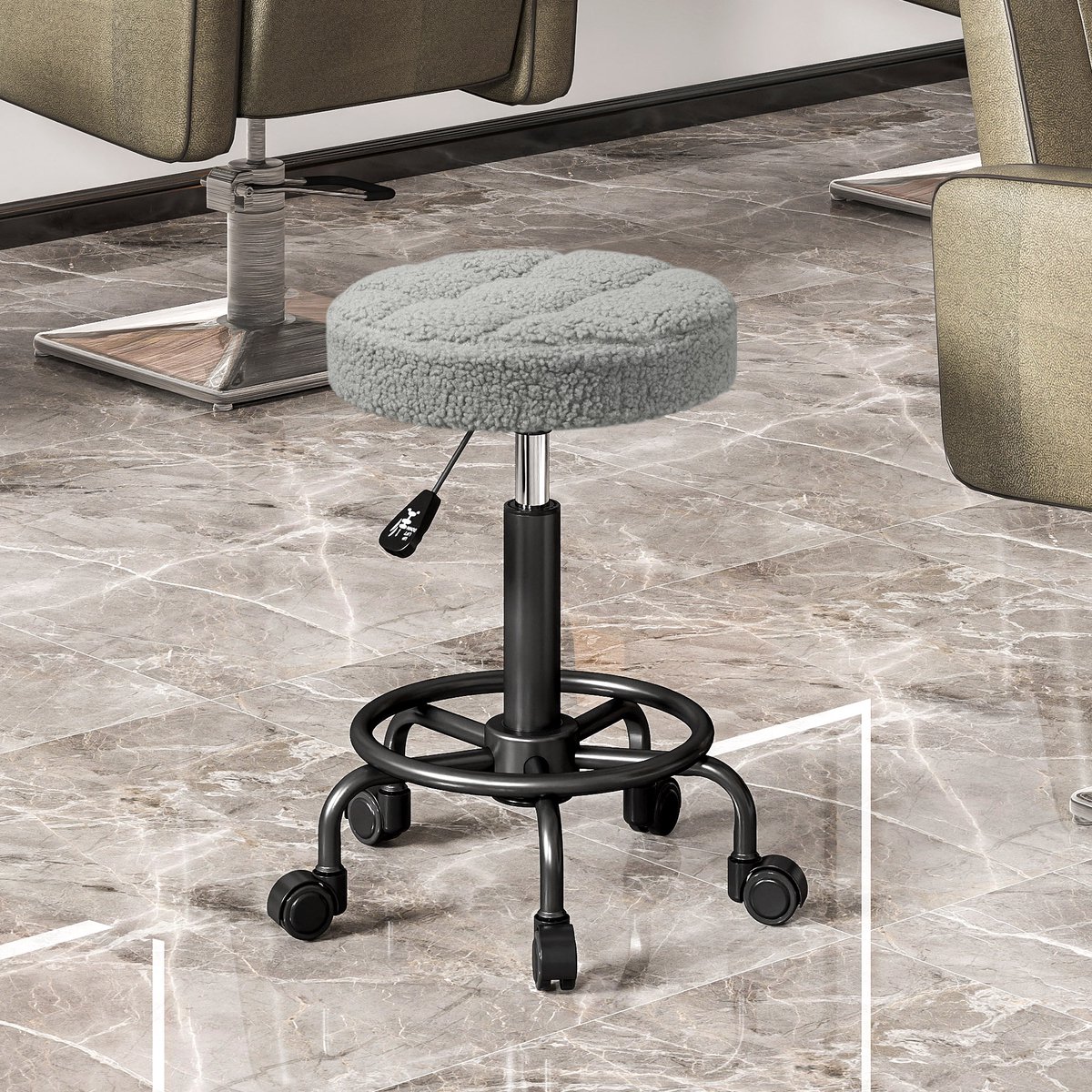 Salonkruk - in hoogte verstelbaar 50-66 cm, 360° draaibaar, op wielen, teddy stof, tot 120 kg, grijs, voor salon en thuis
