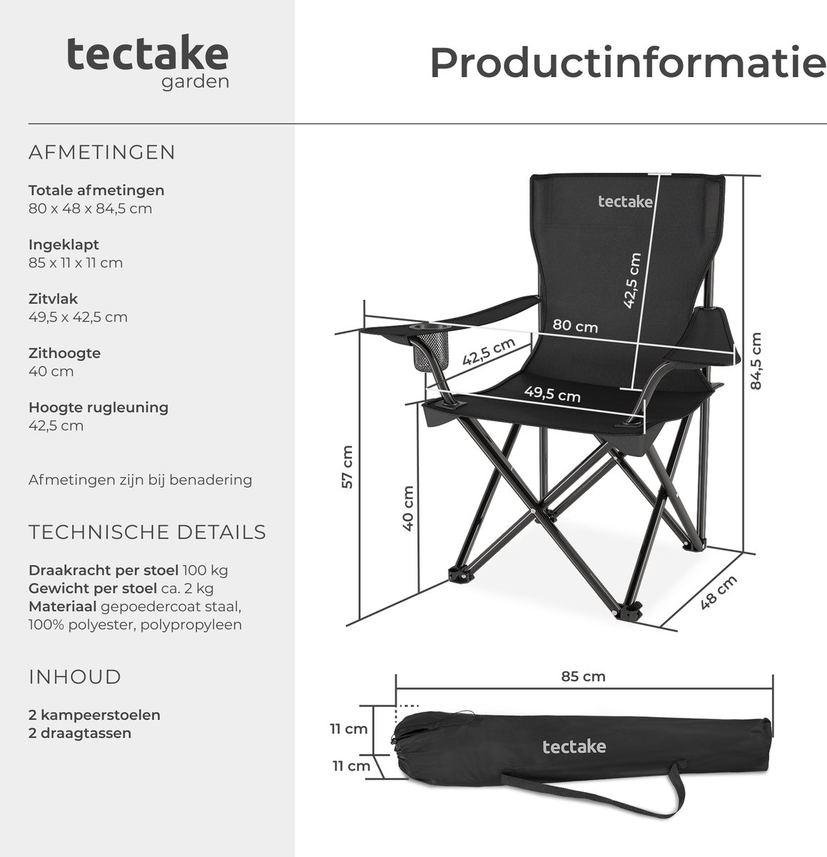 tectake® Set van 2 Campingstoelen - Klapstoel - Opvouwbare Visstoel met Armleuning en Bekerhouder - Inclusief Draagtas - Comfortabele Stoel voor Balkon, Tuin, Festival, Camping - Maximale belasting 100 kg - Afmeting (BxDxH) 80 x 48 x 84,5 cm - Zwart — cadeau in Sport & Outdoor - foto 5