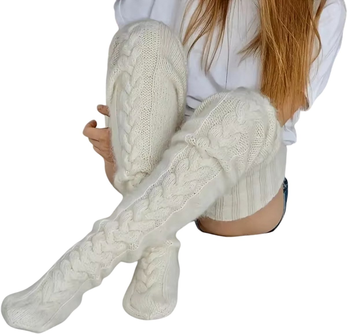 1 Paar Warme Dames Sokken – Dikke Gebreide Kniekousen Lange Wintersokken voor Dames Comfortabel en Warm Over de Knie Wit
