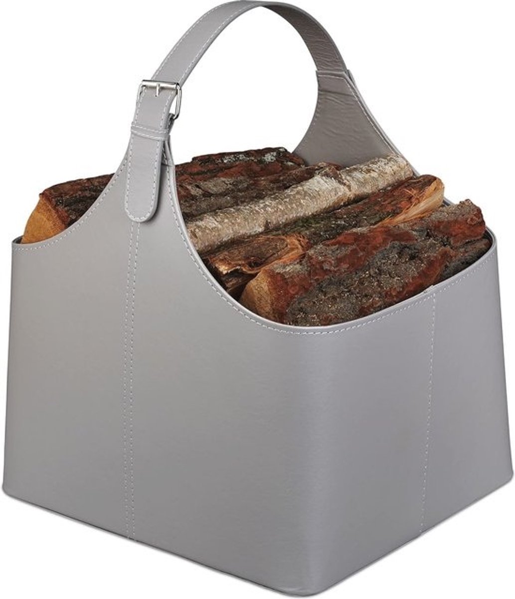 Stevige houtmand - Voor binnen - Kunstlederen mand - Met hengsel - 37 liter - Donkergrijs