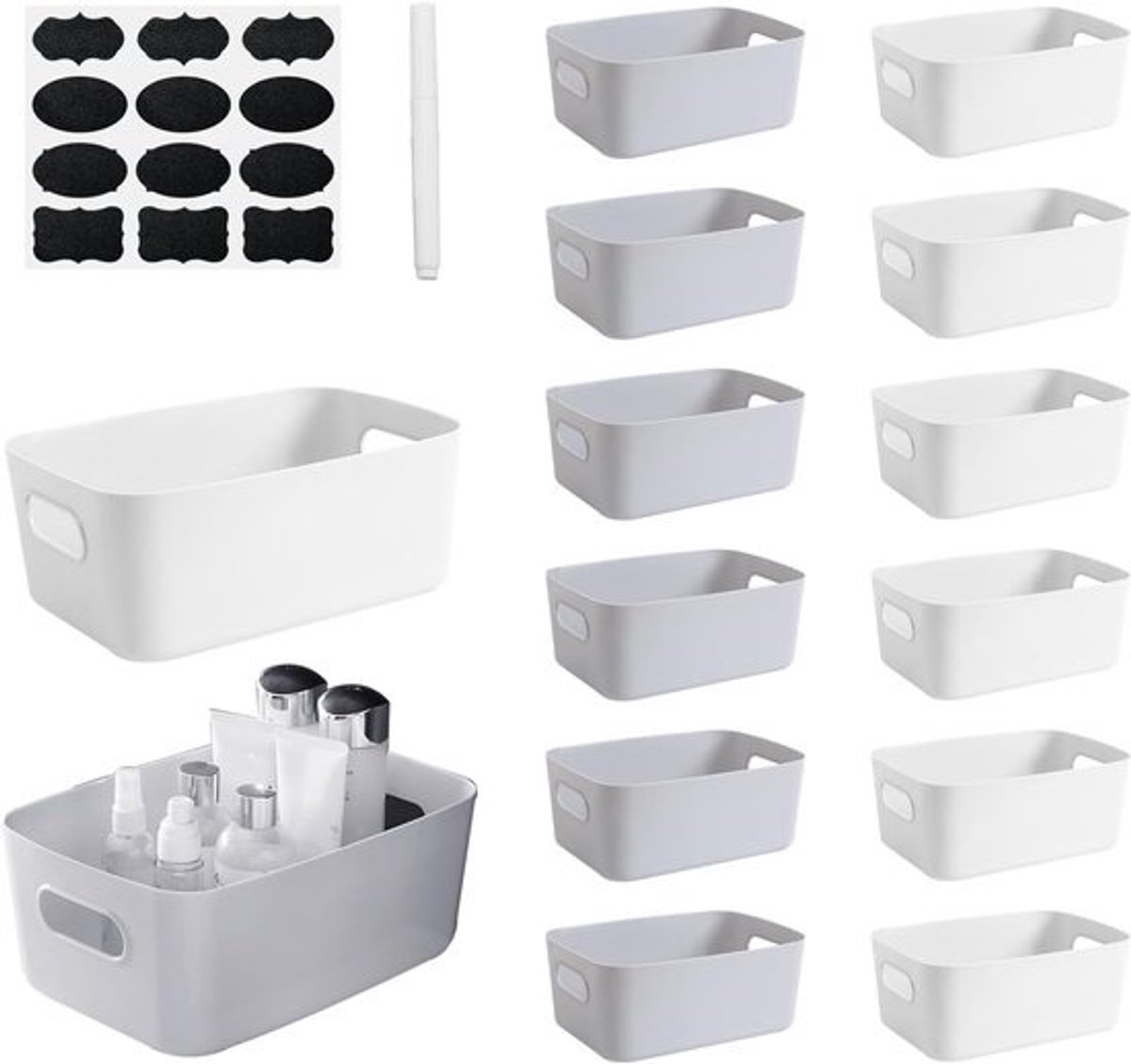 Set van 14 kunststof opbergdozen met handvatten - Voor kasten, kantoor, badkamer en speelgoed