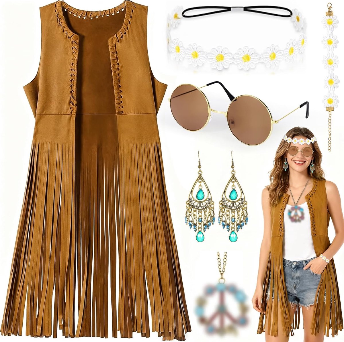 Kostuum Set voor Dames, Jaren 60/70 Outfit, Mouwloos Vest met Franjes, Hippie Kleding met Accessoires, Disco Outfit, Cowgirl Verkleedkostuum, Carnavalskostuum, Bruin (XL)
