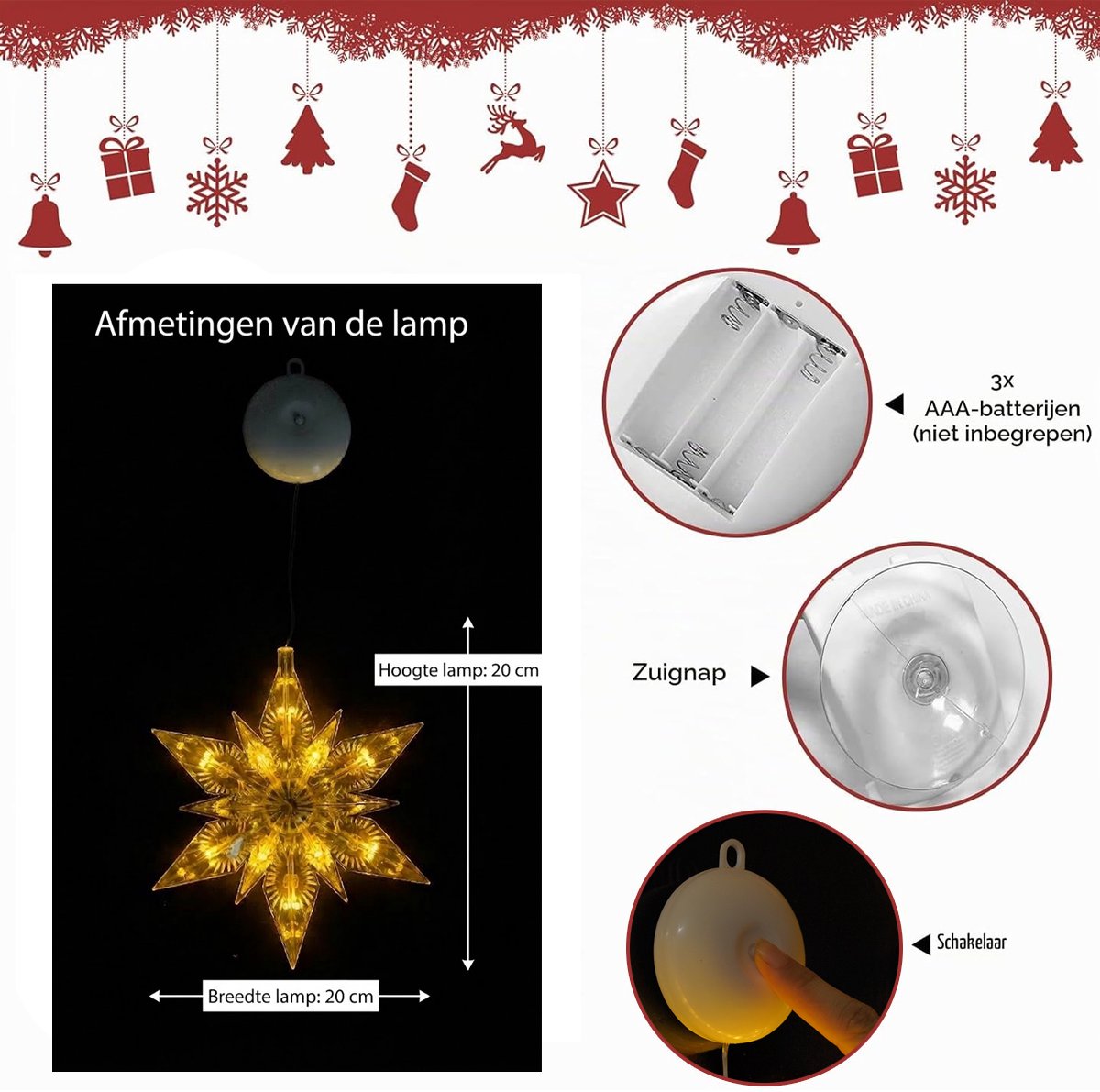 Luckystar LED Kerstverlichting Raam - 3 Sneeuwvlokken - Warm Wit - 20 cm - Op Batterijen - Met Zuignap – foto 4