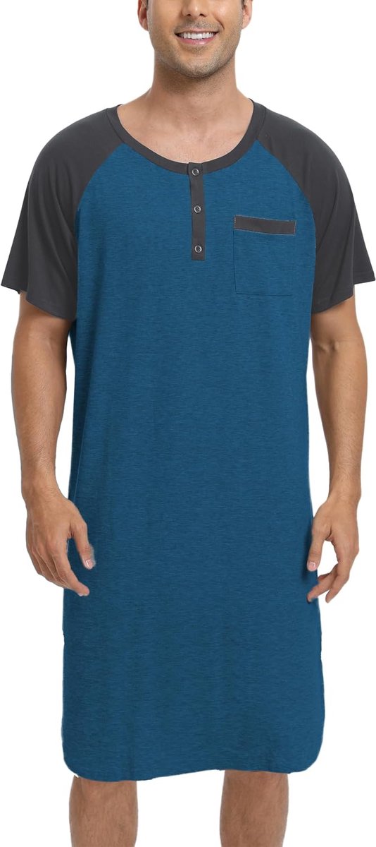 Nachthemd voor heren, pyjama-tops, T-shirt, knielang, V-hals, met knopen, korte mouwen, binnenkleding, zacht, comfortabel, grote maat M-4XL