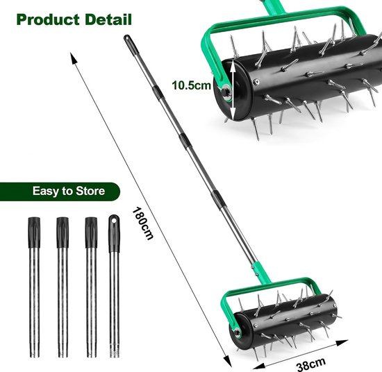 Roller handmatig 38 x 180 cm, gazonrol met 4 cm pennen en verstelbare steel, rollende gazonluchter, rollende handverticuteerder, tuinwals, verticuteerder gazonrol voor tuin, erf en gazon — afbeelding 5