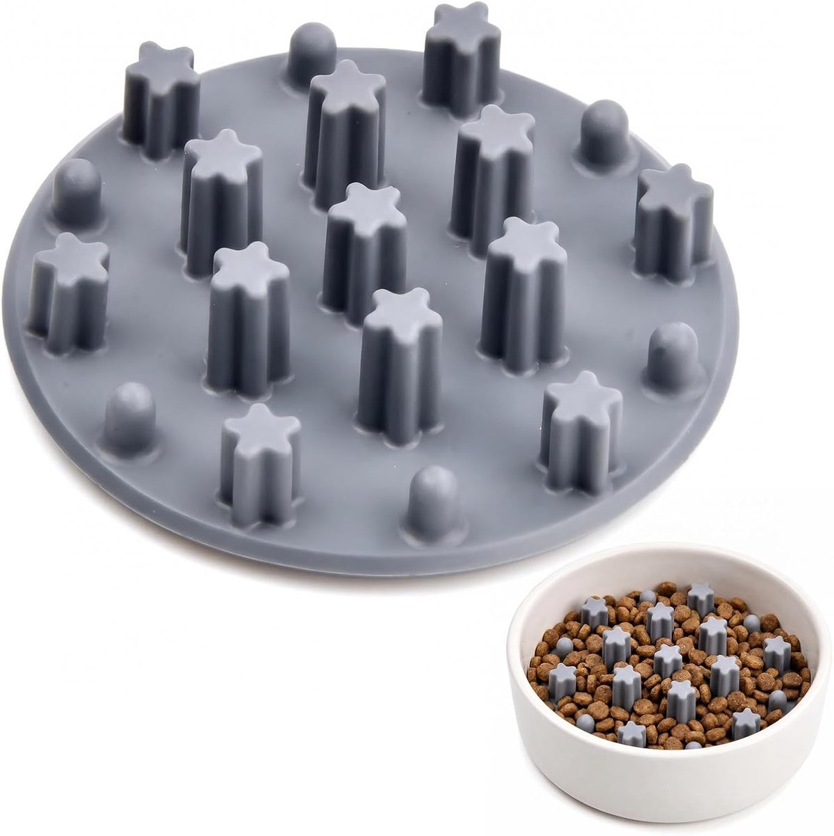 Hondenbak, siliconen, slow feeder hondenbak, inzetstuk met 19 zuignappen, antislip, opvouwbaar, vaatwasmachinebestendig, voederbak hond voor grote kleine huisdieren (grijs, 10 x 2,3 cm)