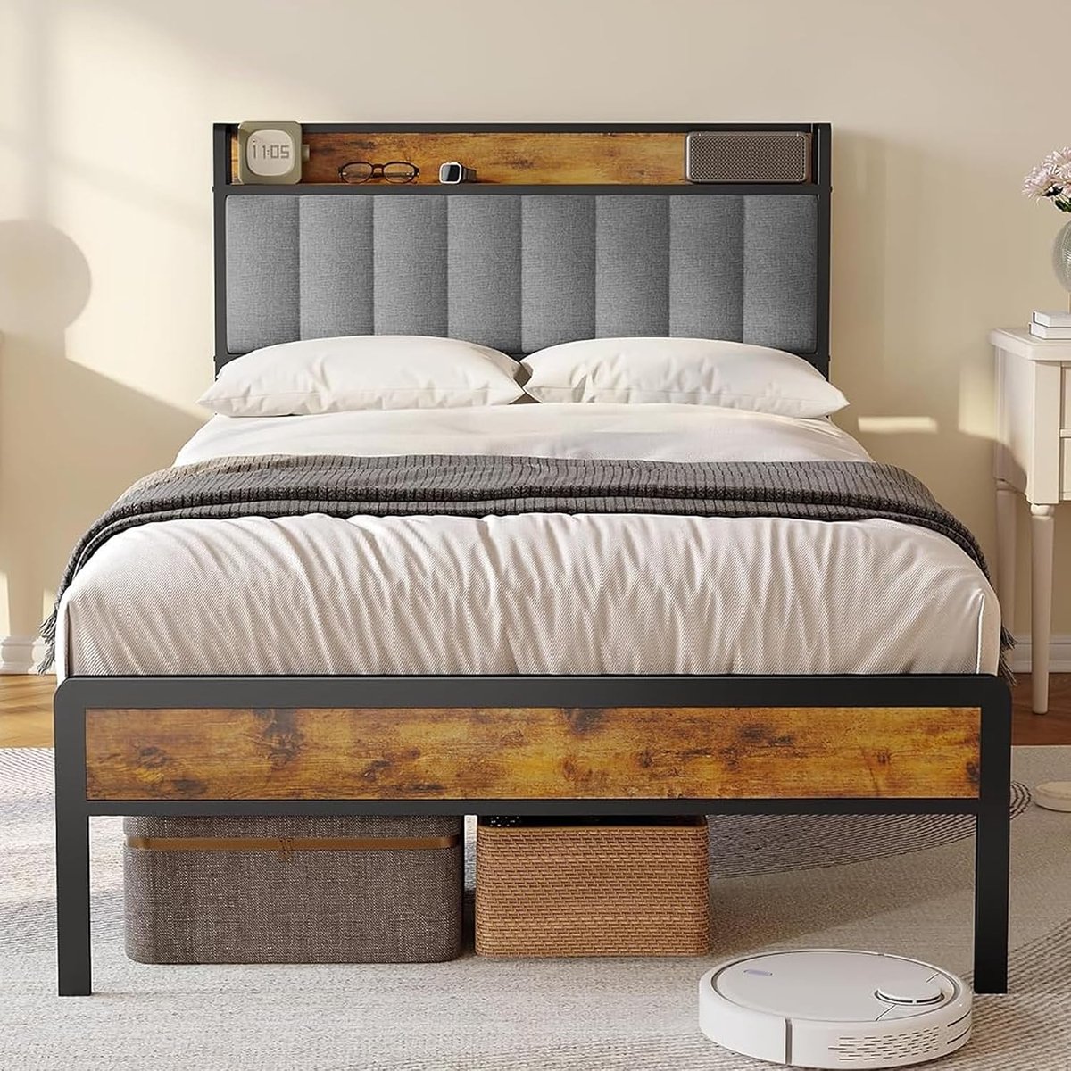 Gestoffeerd bed, houten bed met metalen bedframe, gestoffeerd platform, tweepersoonsbed met houten lattenbodem, steunhoofdeinde, bedframe (grijs, 120 x 200 cm)