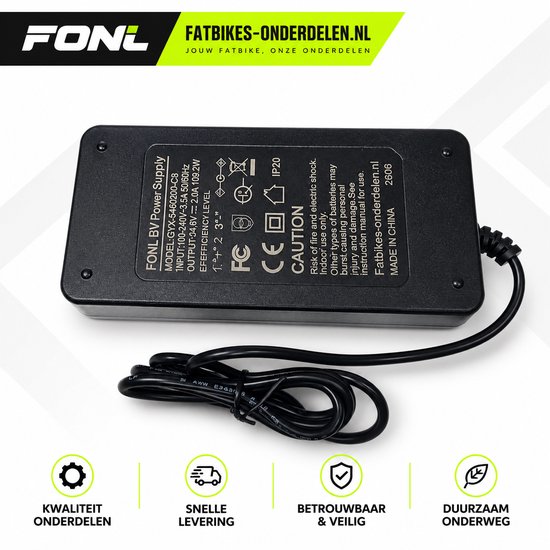 FONL Fatbike Oplader 54,6V 2A - Acculader voor Ouxi V8, H9 en V9 - DC 2,1 mm Ronde Plug - Lader Elektrische Fiets 48V - Zwart - Inclusief Netsnoer — afbeelding 3