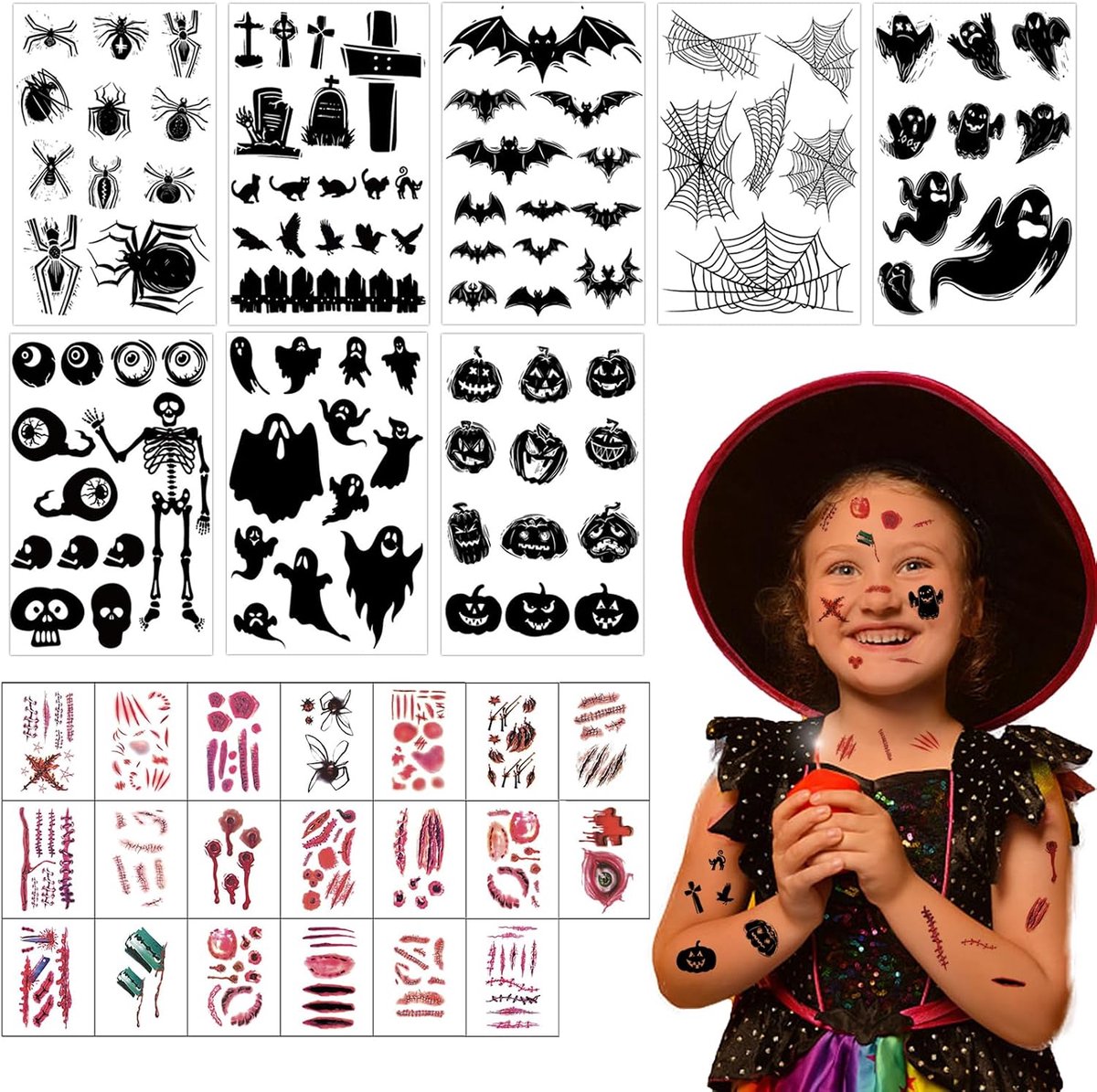 Tijdelijke tatoeages, littekentattoos, Halloween, gezichtstattoo voor kinderen, vleermuizen, spinnen, geestenpatroon, Halloween stickers kinderen, horrormake-up