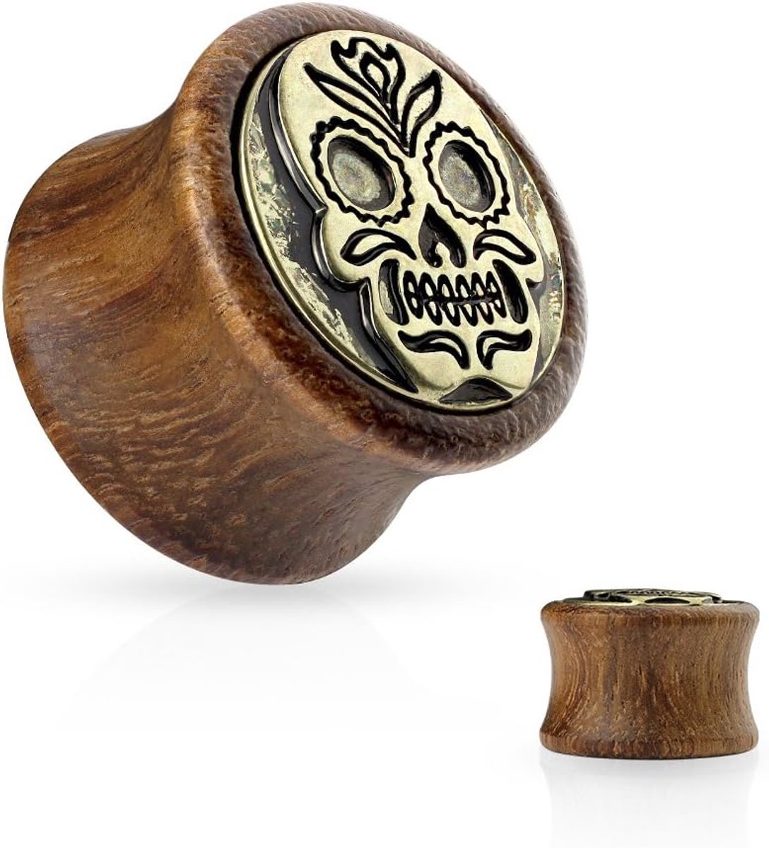 Sugar Skull Gold Sono-hout bruin oorpiercing oorsieraad tunnel double flare zadelsluiting 8-16 mm