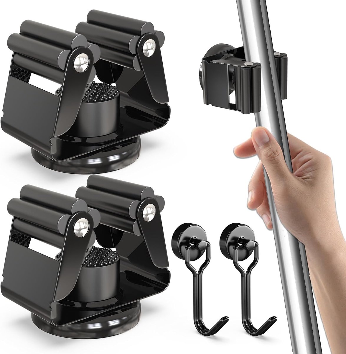 3-H 2 stuks magnetische bezemhouder, roestvrij staal apparaathouder bezemophanging voor tuingereedschap en bezems, met 2 magnetische haken voor keuken, badkamer, garage, tuin, thuis, zwart