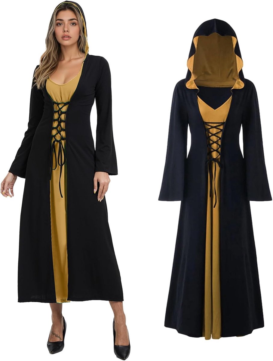 Gothic capuchon, Halloween retro jurk, dames vampier heks Halloween carnaval retro lange mouwen jurk