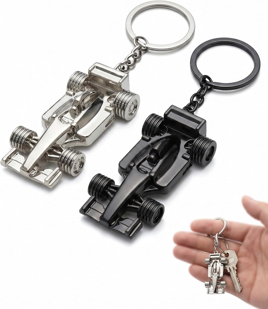 Sleutelhanger Formule 1, 2 stuks (zilver/zwart), versterkte solide afwerking, premium accessoires voor verzamelaars en bestuurders van autosport