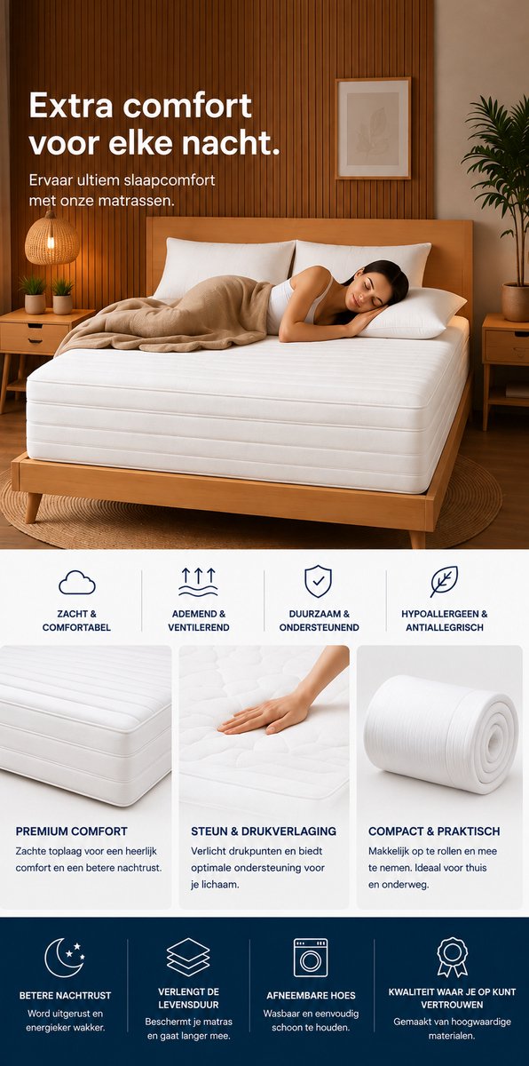 FITBERTH 140x200x20 Matras - Zacht - HR28 - Premium - Orthopedisch Verantwoord - Ventilerend - Ergonomische Ondersteuning - Afritsbaar - Wasbaar wit