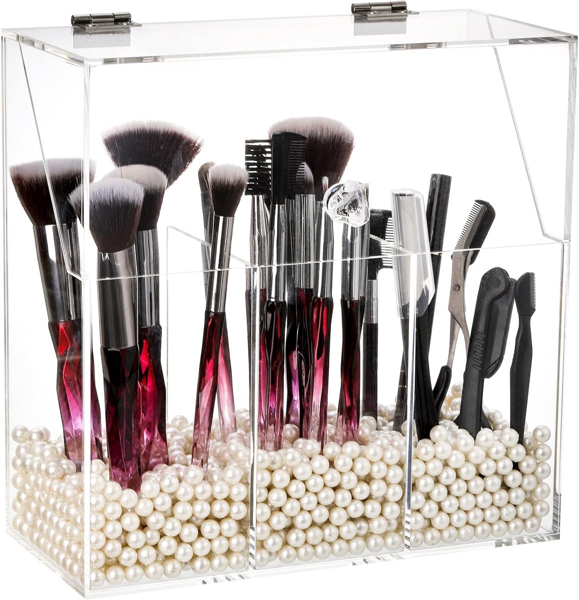 SnelShoppen - Makeup Kwastenhouder met Stofdicht Deksel, Witte Parels, Acryl Transparante Make-up Organizer met 3 Compartimenten, Grote Cosmetische Kw