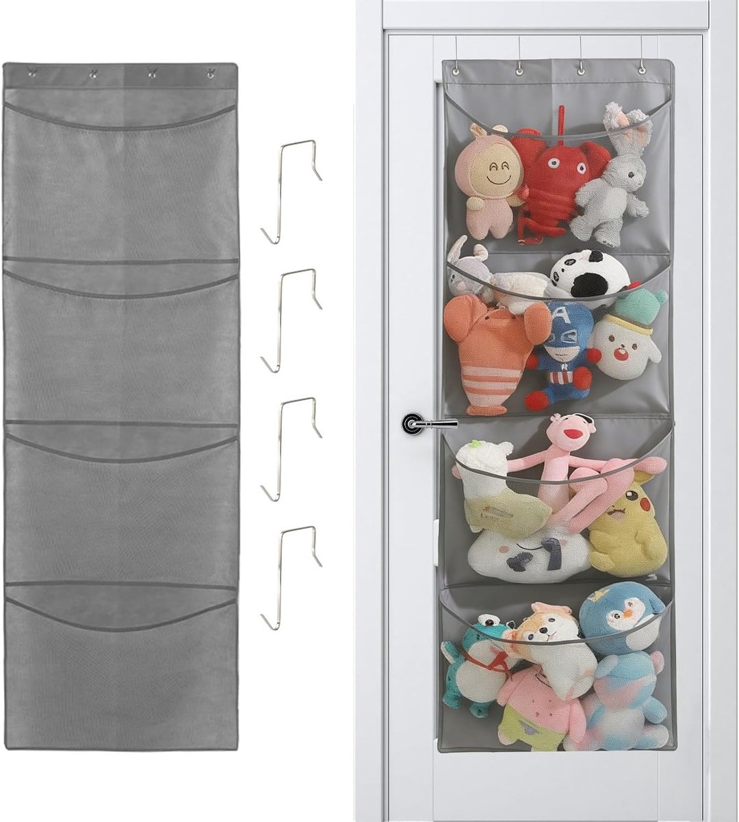 Pluche speelgoedhouder 4-laags - grijs - met 4 haken - ideaal voor slaapkamer en badkamer - ShopVlot