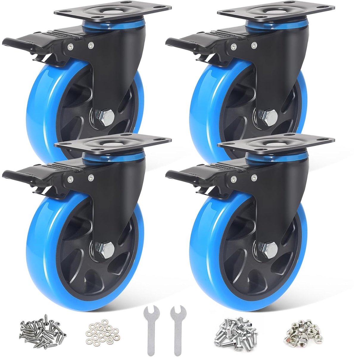 125 mm heavy wheels, blue, set of 4 furniture wheels, up to 1000 kg, 360 degree double locking, wheels with brake - ShopVlot