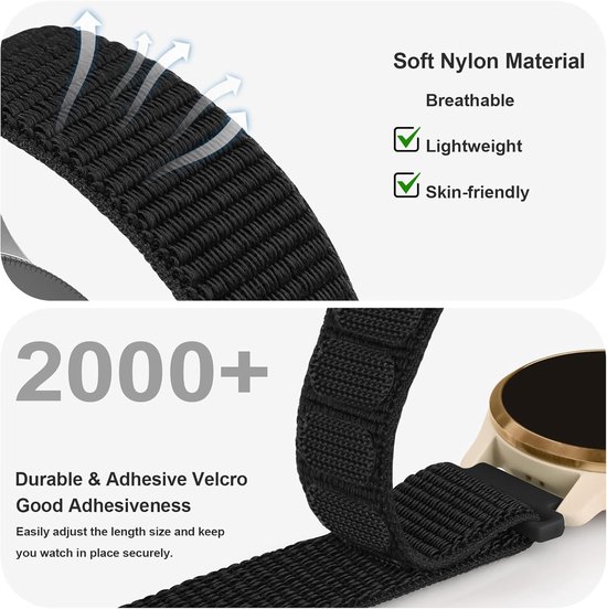 Zacht, ademend en lichtgewicht zwart nylon horlogebandje met duurzame klittenbandsluiting voor een veilige pasvorm.