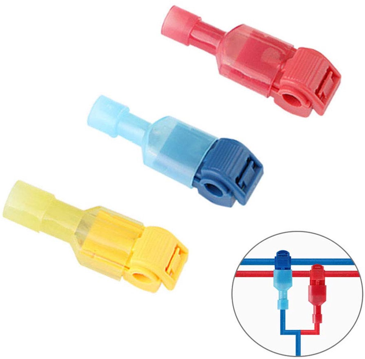 T-Tap kabelverbinders 100 stuks - 50 paren in rood, blauw en geel - snelle verbindingen - ShopVlot