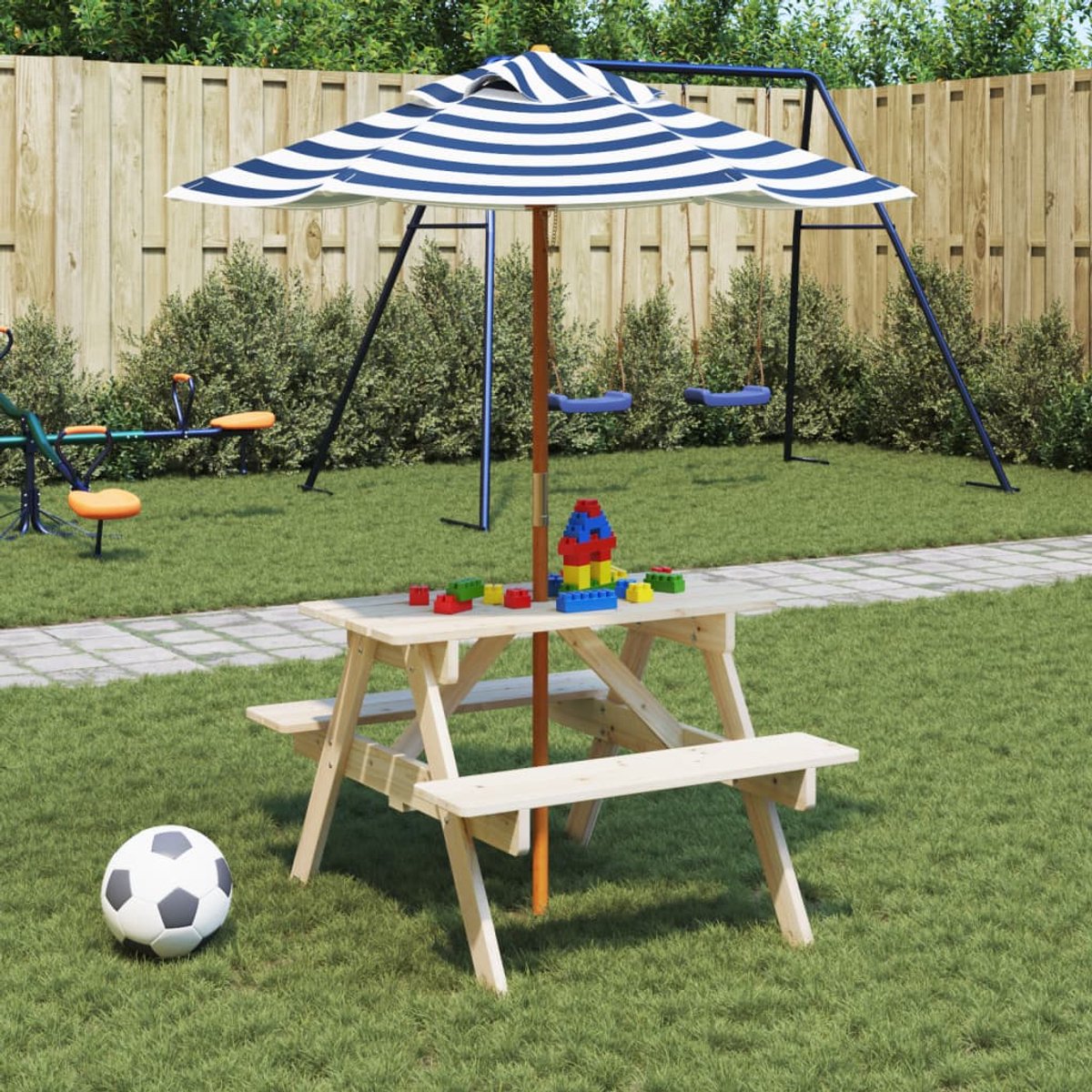 vidaXL Picknicktafel - voor - 4 - kinderen - met - parasol - massief - vurenhout blauw en wit