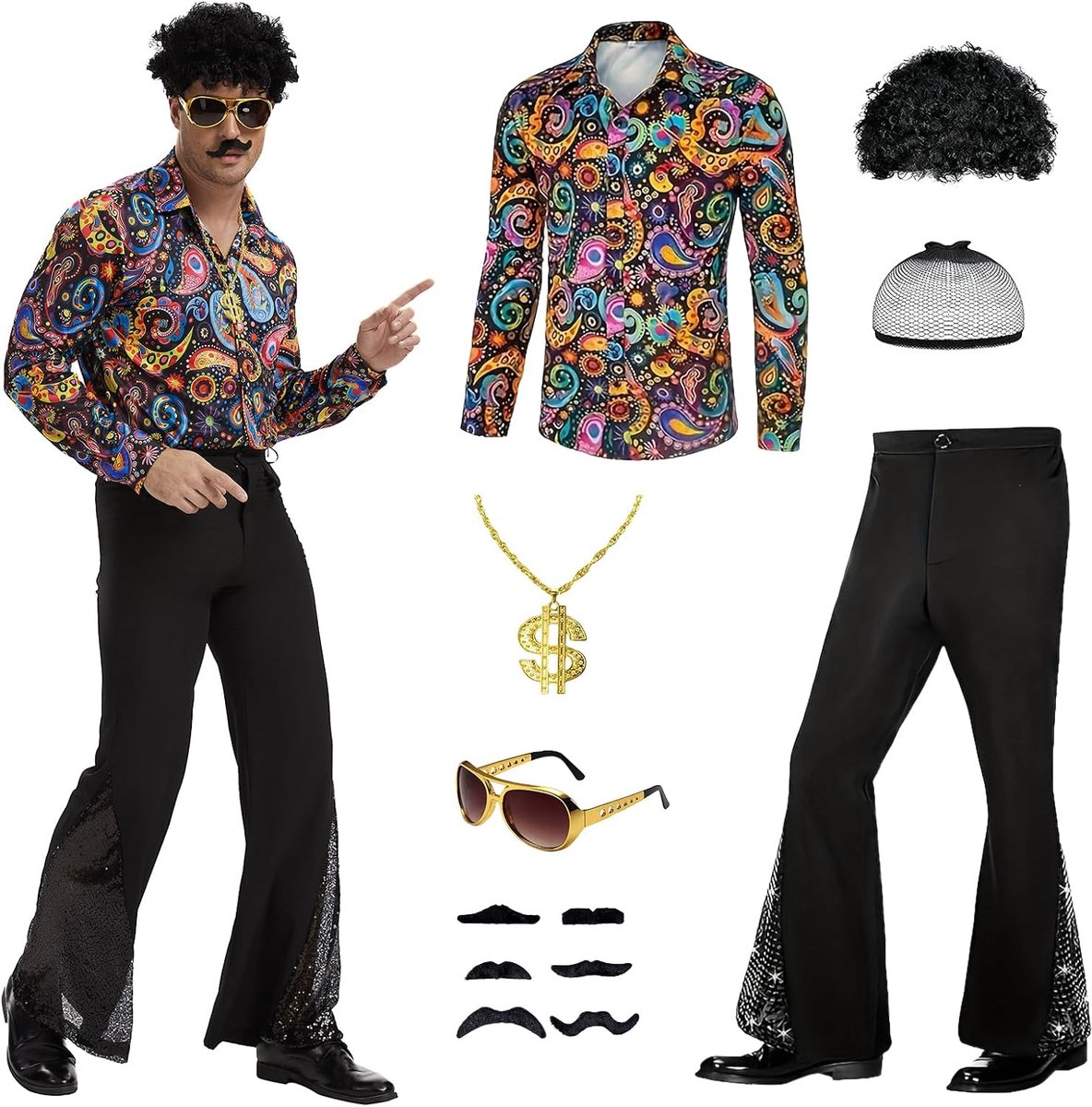 Hippie kostuum set voor volwassenen - retro jaren 70-80 stijl outfit met shirt, broek, afropruik, ketting, hippie funky zonnebril en baard sticker