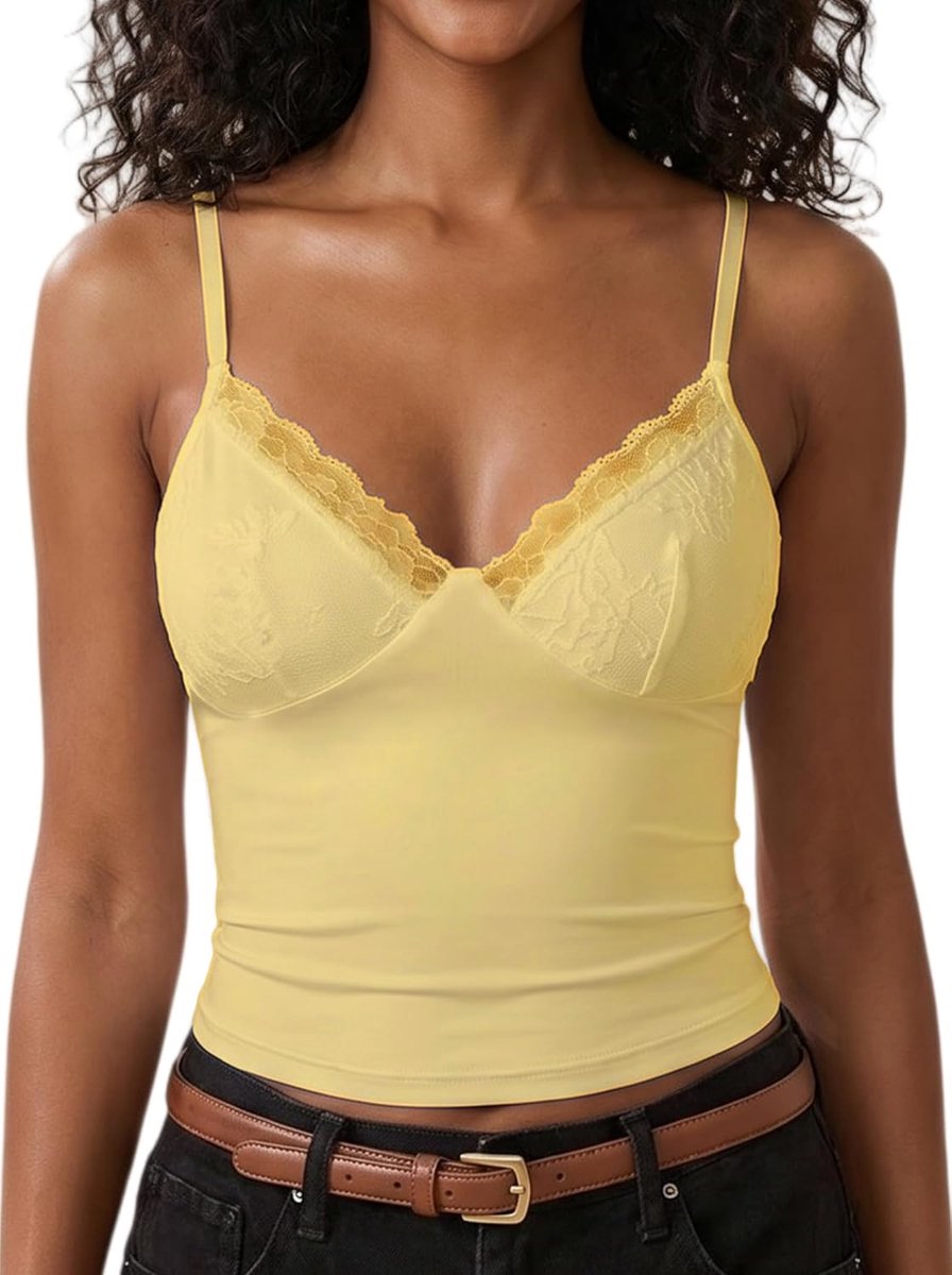 Tanktops voor dames, kant, sexy, top, hemdje, mouwloos, V-hals, zomer, korte top, chic en elegant, crop tops met verstelbare spaghettibandjes, Y2K, slim fit, camisole shirt voor casual, feest