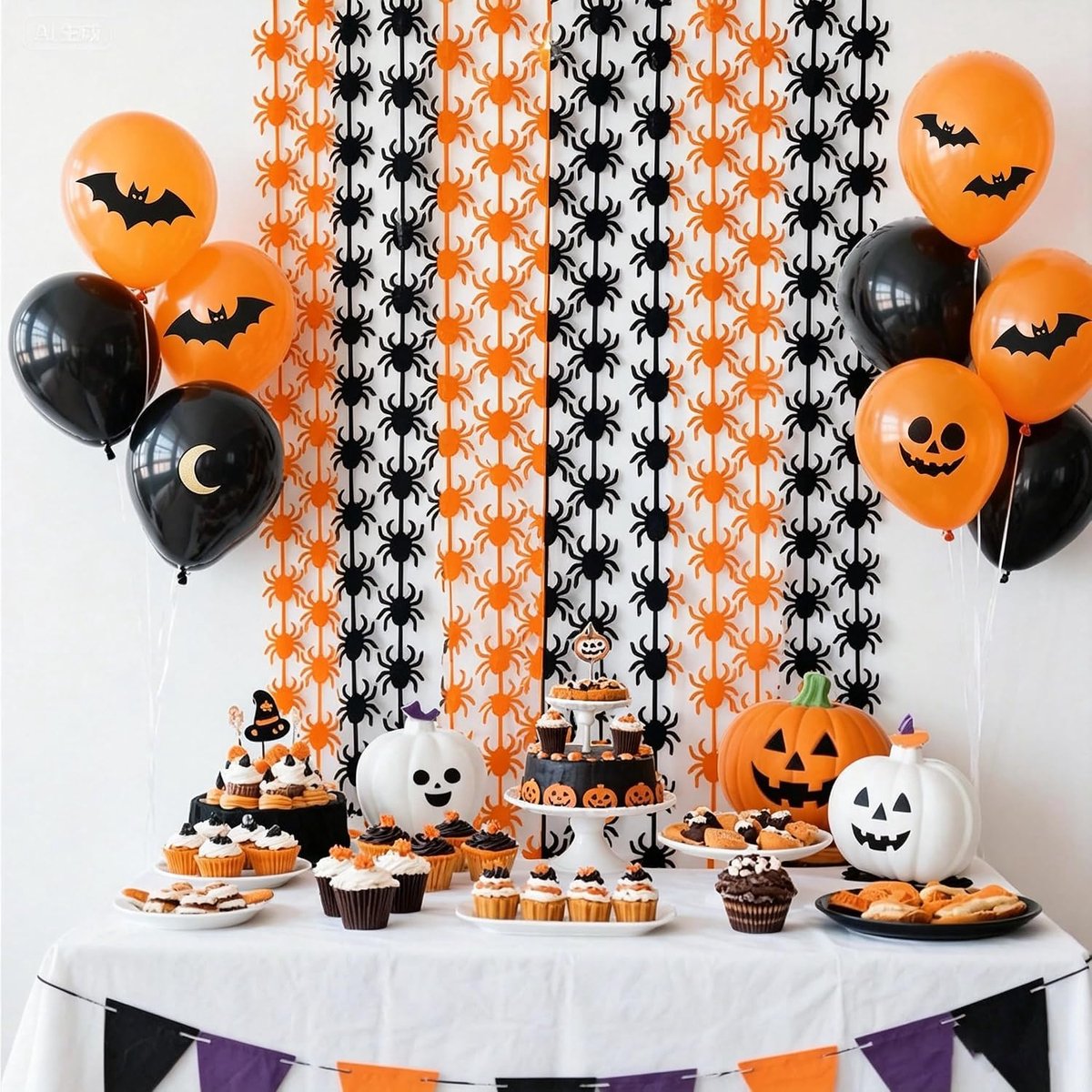 2 stuks set Halloween partij decoratie slip gordijnen-08 dubbele spinnen | Halloween gotische muur achtergordijnen | Thanksgiving verjaardag bruiloft thema partij muur decoratie(1mx2m)