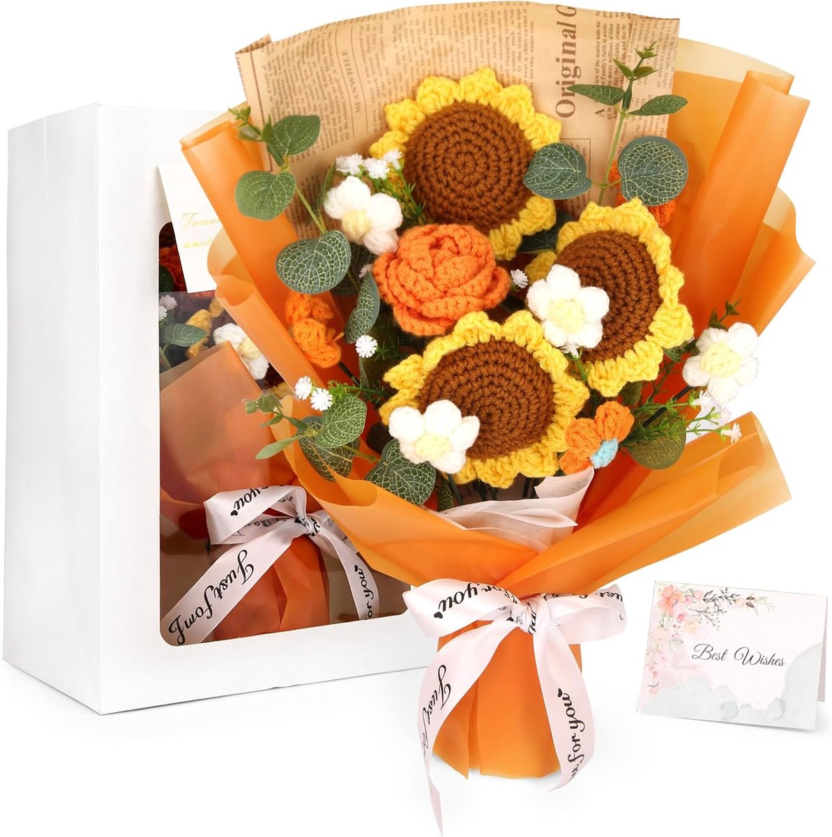 Gehaakte bloemen boeket handgemaakte gebreide kunstbloemen voor woondecoratie, voor Moederdag, jubileum, verjaardag en bruiloft, wordt geleverd met geschenkzakje en wenskaart