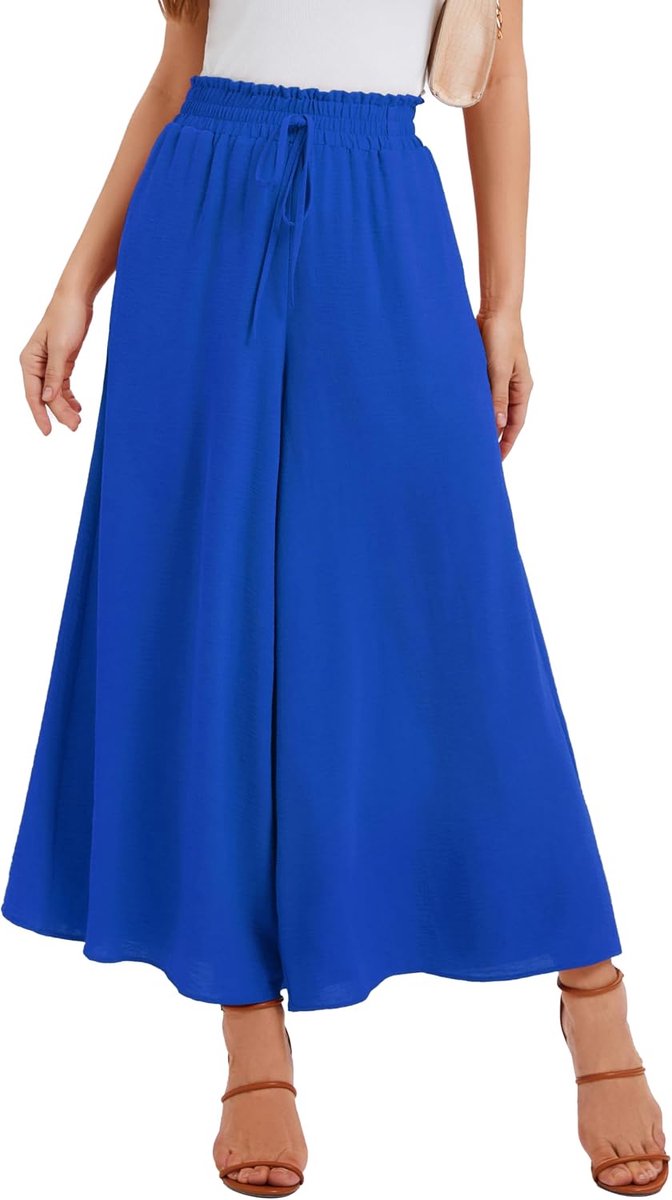 Pantalon voor Dames Zomer Elastische Hoge Taille met Trekkoord Luchtig Palazzo Broek Met 2 Zakken Voor Dagelijks Gebruik & Vrije Tijd