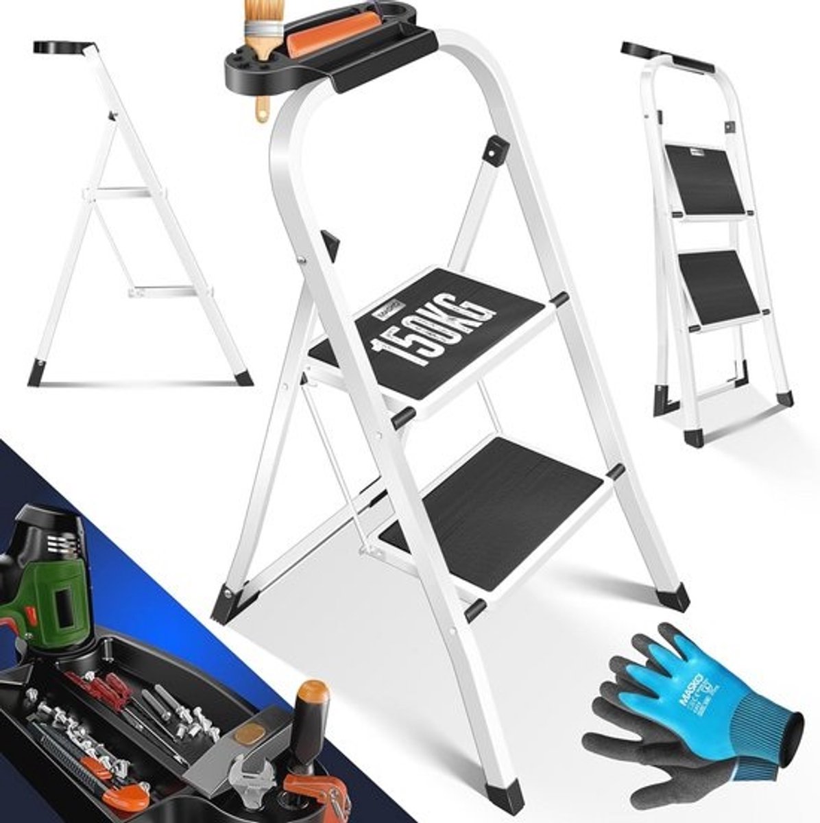 Vouwladder - 2 treden - Belastbaar tot 150 kg - Antislip - Inclusief handschoenen - Gereedschapshouder