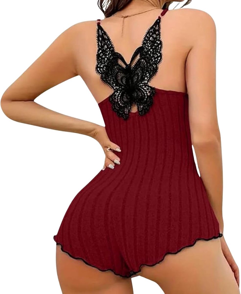 Eendelig, blote rug, vlinderpatroon, kant, body, golvende zoom, nachtkleding, spaghettibandjes, nauwsluitend, geribbeld, sexy, V-hals, elastisch, combishort
