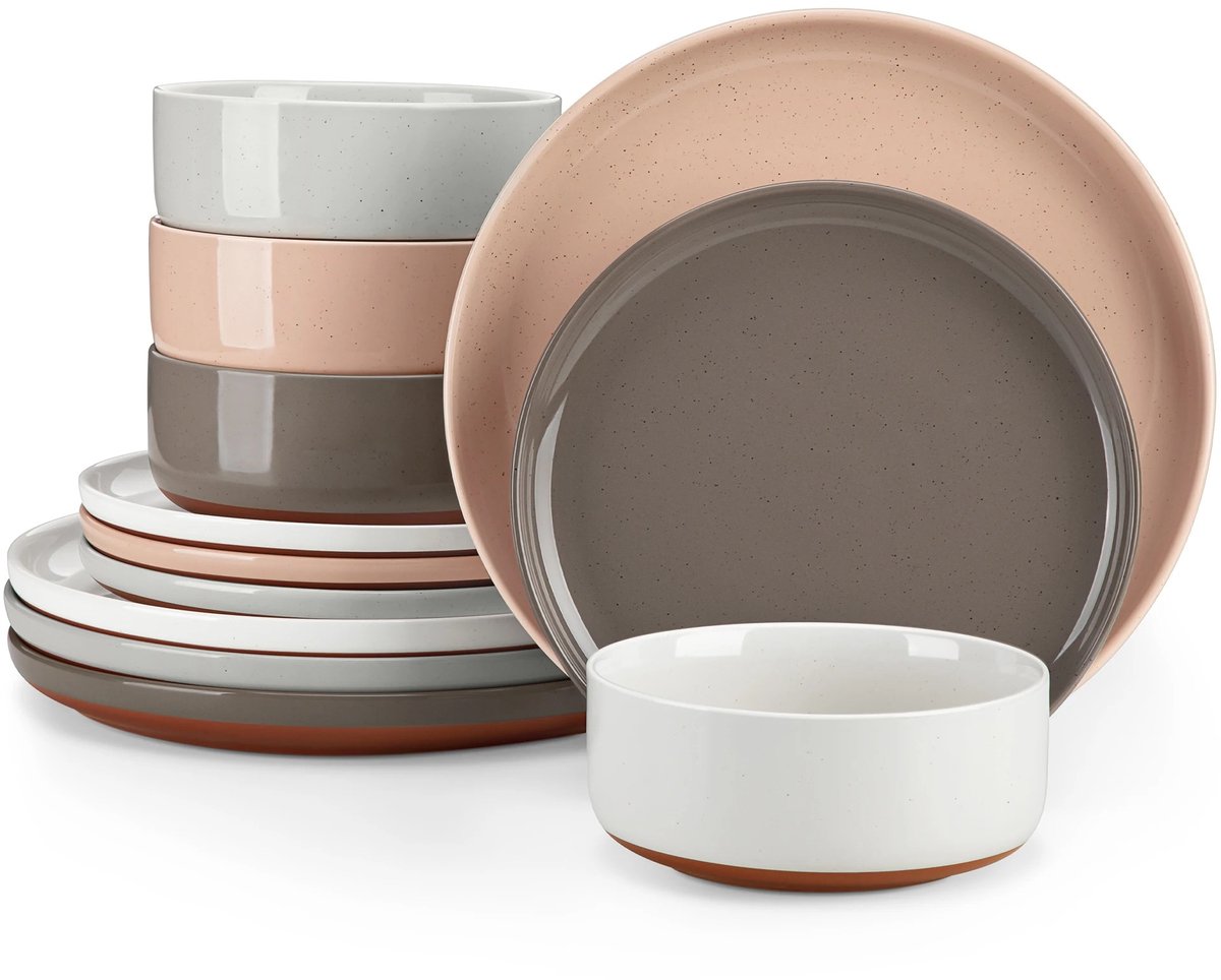 ByRoos Serviesset - 4 persoons - Serviessets - Keramisch - Dinnerbord - Ontbijtbord - Kom - Soepkom - 12 stuks - Wit/Roze/Taupe/Grijs