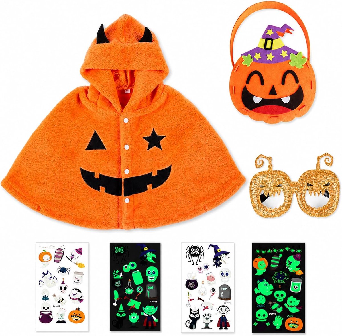 Pompoenkostuum kindercape Halloween kostuum kinderen heks cape met hoed bril pompoen tas voor cosplay party kostuum carnaval