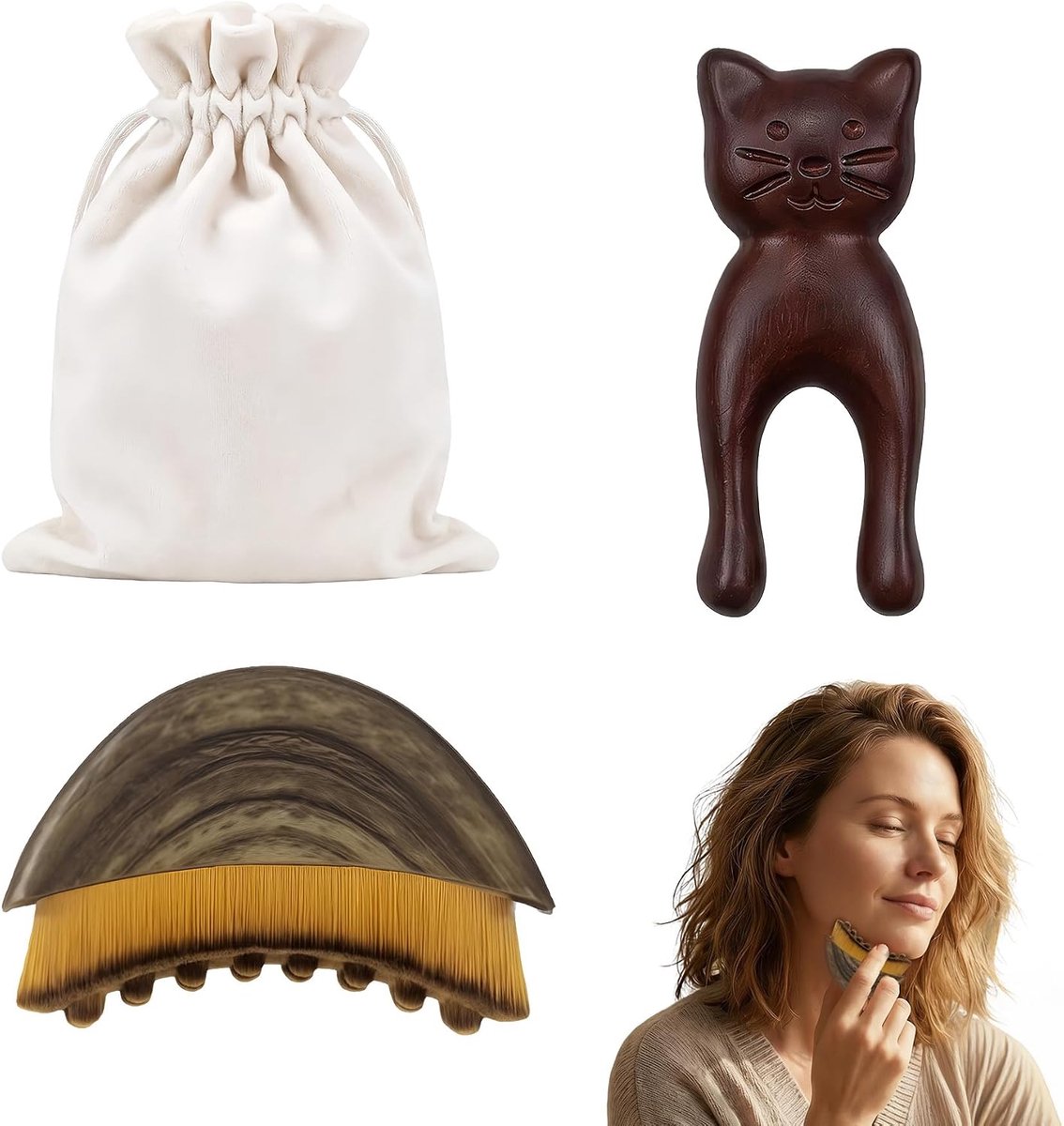 Premium 3-delige set – op maat gemaakte flanellen tas met lymfatische borstel voor het gezicht en massagekam – zachte - ShopVlot