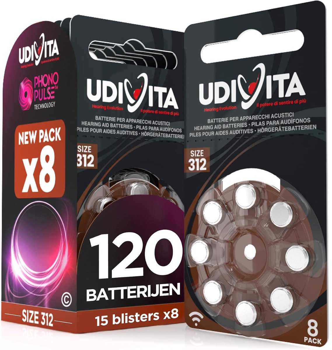 120 Hearing Aid Batteries Udivita Size 312 (Brown) PR41 with Sound Fusion Technology - 15 x 8 - Batteries Blister Pack - ShopVlot